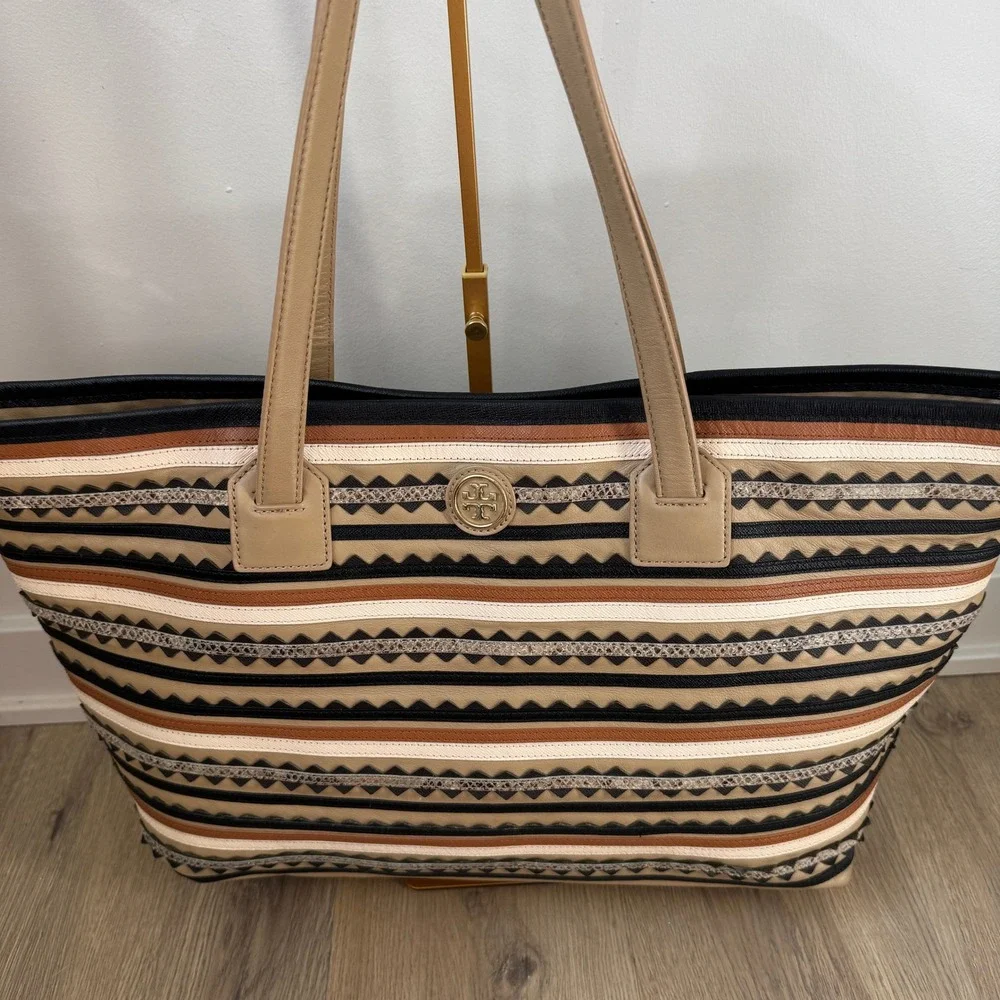 Tory Burch Kerrington Striped Zig Zag Snakeskin Leather Tote Bag Tan Black Multi